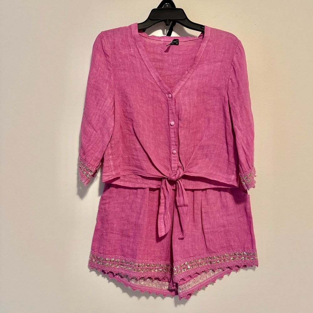 Francesca Bettini Pink Linen Shorts Set with Sequins detailing